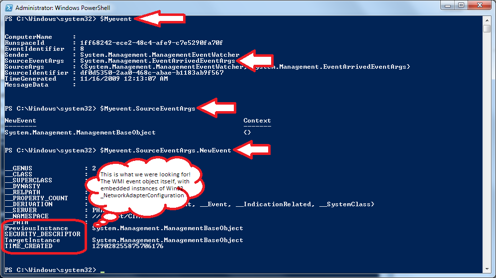 The underlying WMI event object